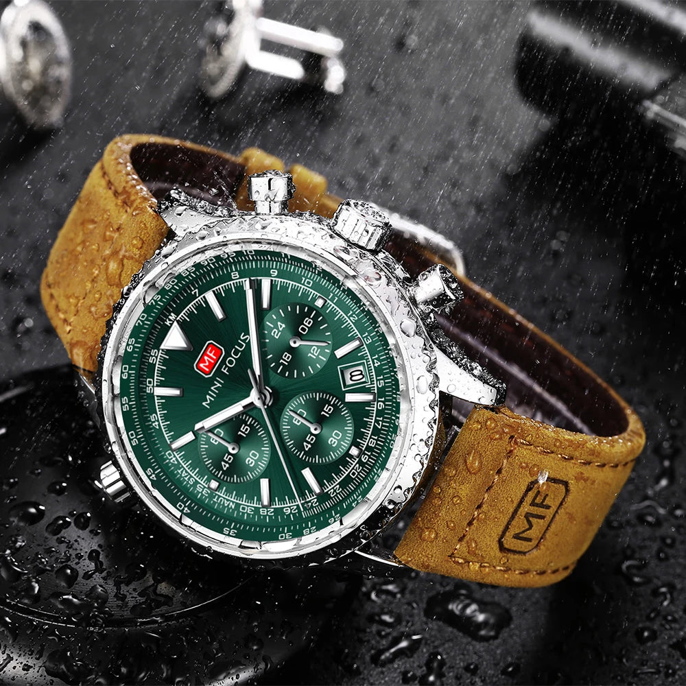 MINI FOCUS Fashion Sports Watch for Men Luxury Brand Multifunction Quartz Waterproof Watches Genuine Leather Belt Luminous 0463