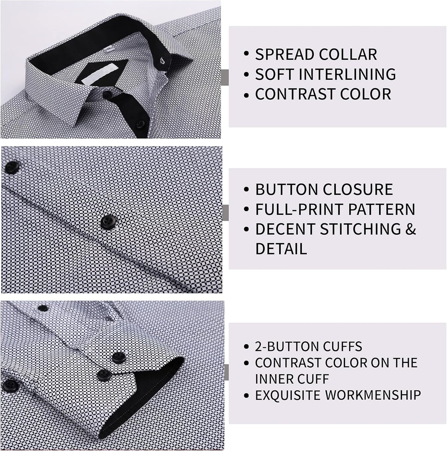 Mens Casual Button down Dress Shirts Long Sleeve 4-Way Stretch Collared Printed Business Work Shirt