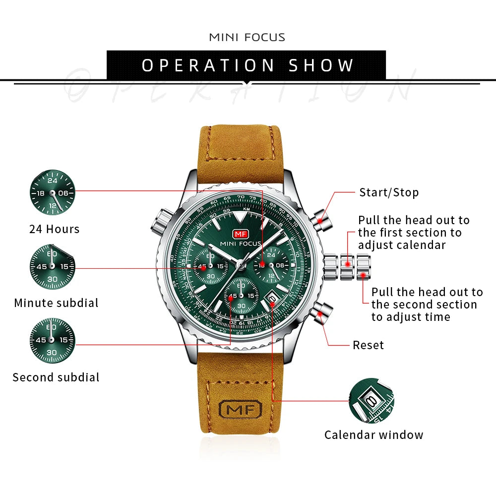 MINI FOCUS Fashion Sports Watch for Men Luxury Brand Multifunction Quartz Waterproof Watches Genuine Leather Belt Luminous 0463