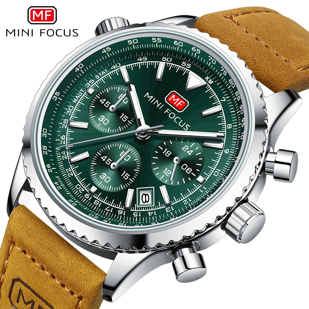 MINI FOCUS Fashion Sports Watch for Men Luxury Brand Multifunction Quartz Waterproof Watches Genuine Leather Belt Luminous 0463
