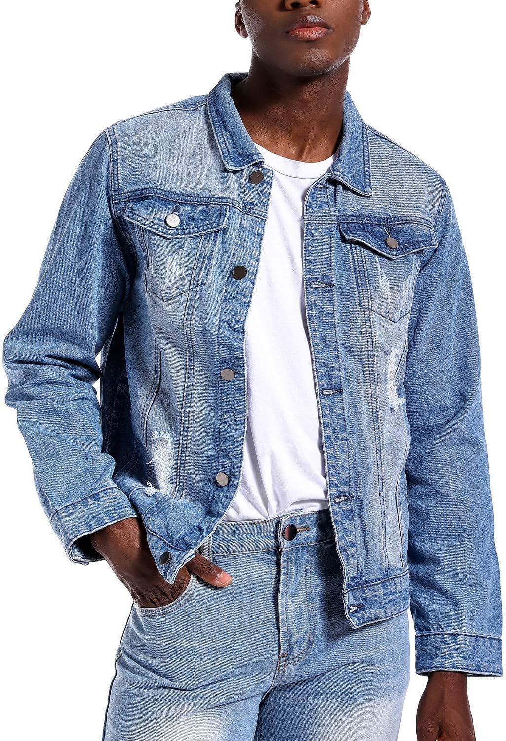 Mens Denim Jacket Ripped Slim Jean Jacket Coat for Men