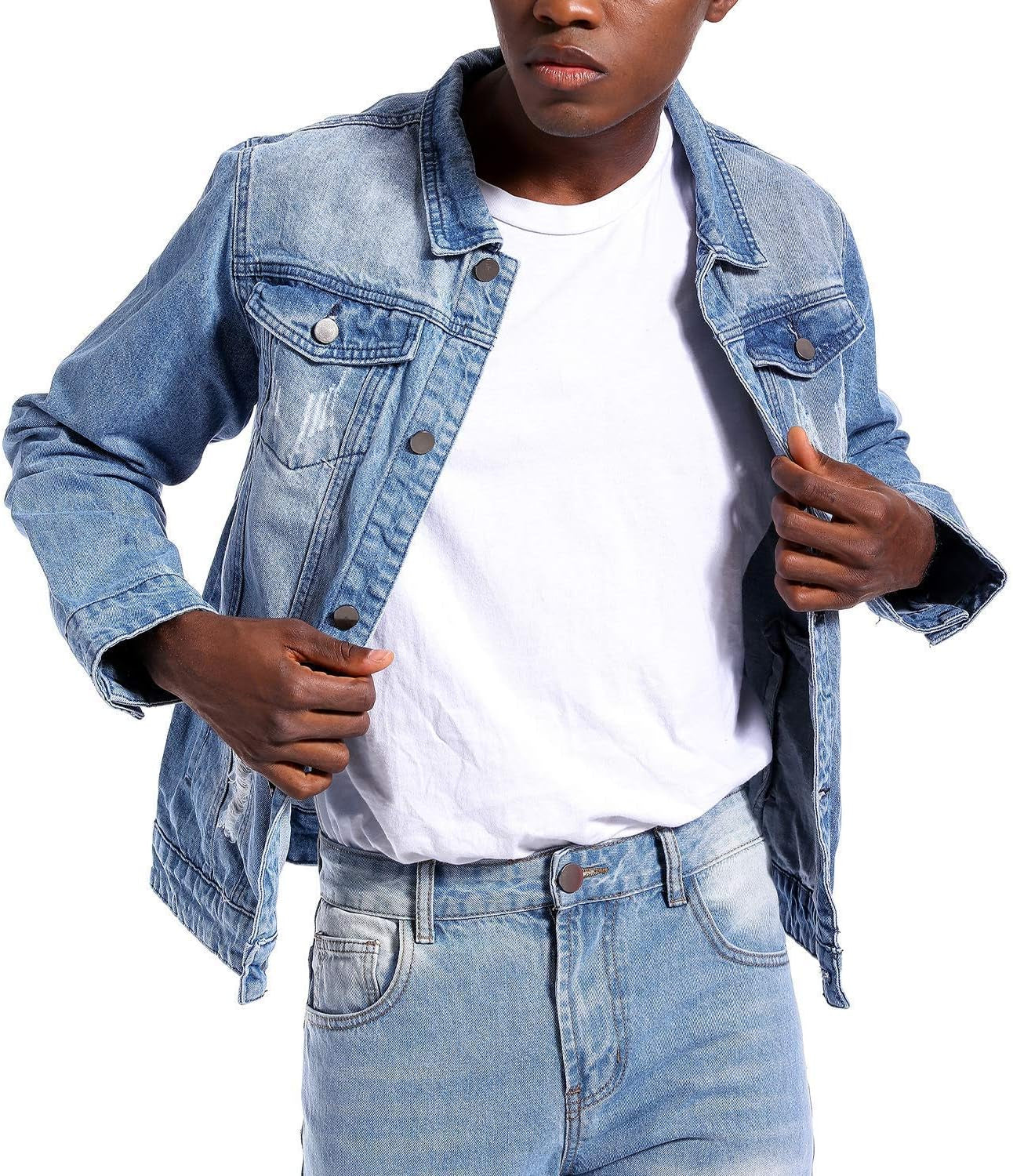 Mens Denim Jacket Ripped Slim Jean Jacket Coat for Men