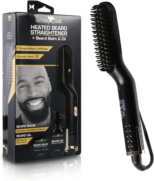 Heated Beard Straightener Brush for Men, Includes Beard Oil & Beard Balm, Ceramic Heated Brush, Auto Shutoff, Beard Straightening Hot Comb Tool for Men