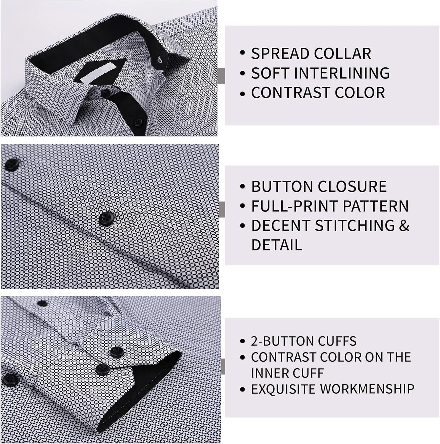 Mens Casual Button down Dress Shirts Long Sleeve 4-Way Stretch Collared Printed Business Work Shirt
