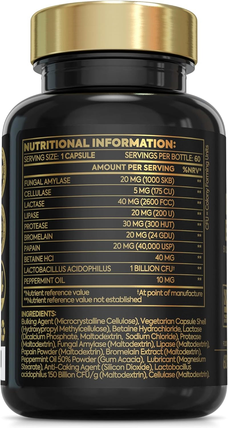 10-In-1 Digestive Enzyme Supplements | Made in the UK | Probiotics & Peppermint Oil for Gut Health, Bloating Relief and Belly Reduction | One Vegan Capsule per Meal | 60 Capsules