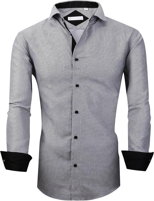 Mens Casual Button down Dress Shirts Long Sleeve 4-Way Stretch Collared Printed Business Work Shirt